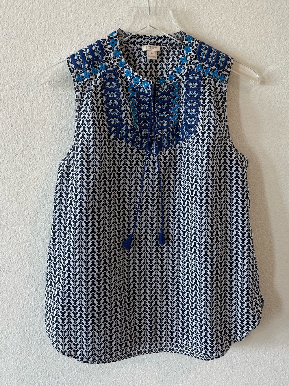 J. Crew Cotton Sleeveless Embroidered Blue Patterned Top